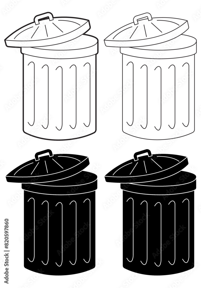 Dustbin, Rubbish bin or trashcan vector illustration. Silhouette, black and white, white and black and transparent background Dustbin, Rubbish bin or trashcan vector illustration. Silhouette, black and white, white and black and transparent background