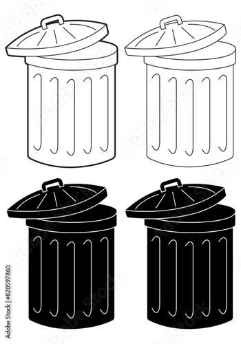 Dustbin, Rubbish bin or trashcan vector illustration. Silhouette, black and white, white and black and transparent background	