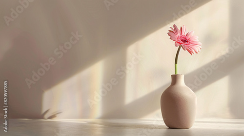 Vase with gerbera flower on table near light wall