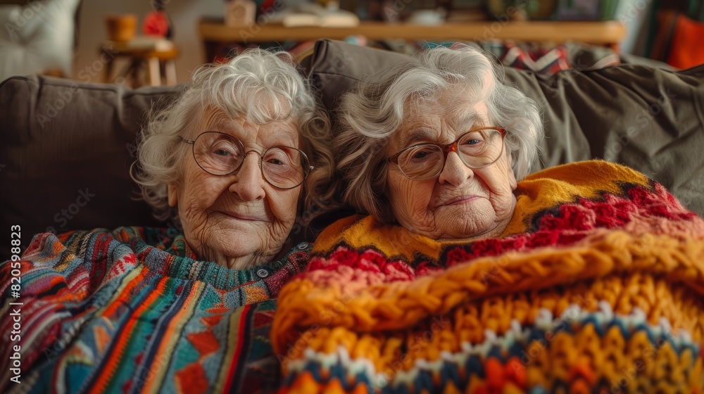 Two elderly women sitting together on a couch, wrapped in colorful knitted blankets, sharing a warm and cozy moment in a home setting. Two elderly women sitting together on a couch, wrapped in colorful knitted blankets, sharing a warm and cozy moment in a home setting.