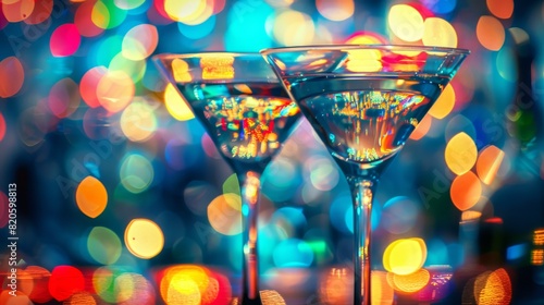 Two martini glasses in focus against a vibrant bokeh background of colorful lights, perfect for celebration or nightlife themed content.