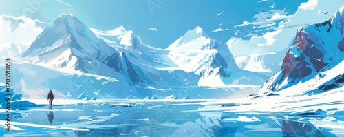 A fantastical realm of ice and snow, where towering glaciers and frozen tundras stretch as far as the eye can see, and mystical creatures roam amidst the icy expanse.   illustration.