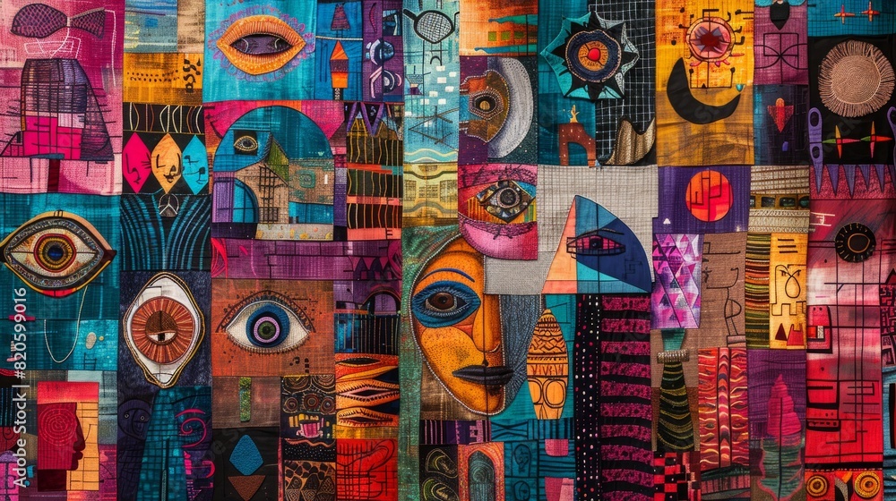 Fototapeta premium Vibrant abstract artwork with various colorful patterns, shapes, and designs. Features eye motifs, geometric forms, and rich textures.