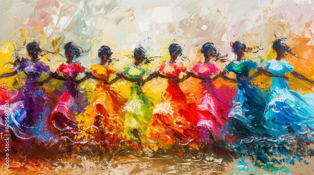 Fototapeta premium Vibrant abstract painting of women dancing in colorful dresses, celebrating unity and culture with dynamic brushstrokes.