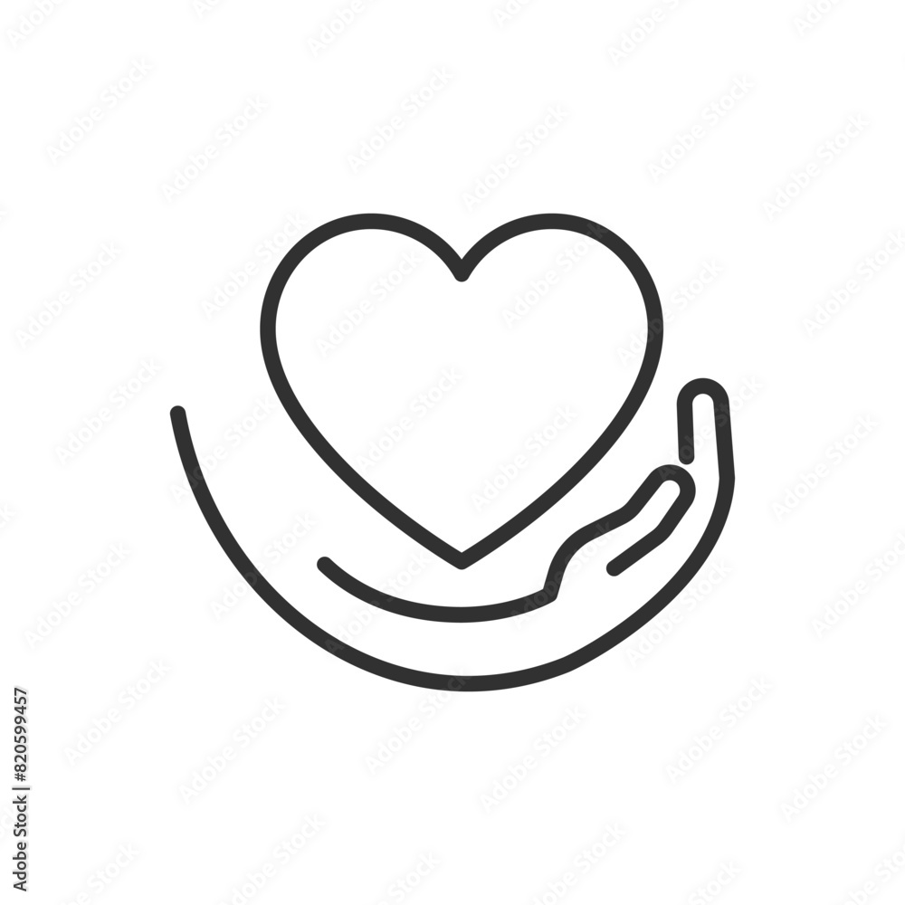 The hand supports the heart, linear icon. Preserving and protecting life and love. Line with editable stroke The hand supports the heart, linear icon. Preserving and protecting life and love. Line with editable stroke
