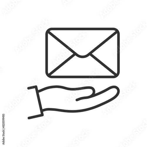Receive mail, linear icon. Envelope with letter and hand. Line with editable stroke