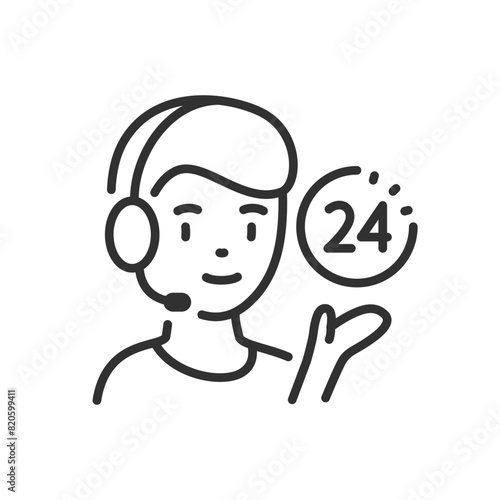 24 hour support, linear icon. Technical support operator with earpiece microphone. Line with editable stroke