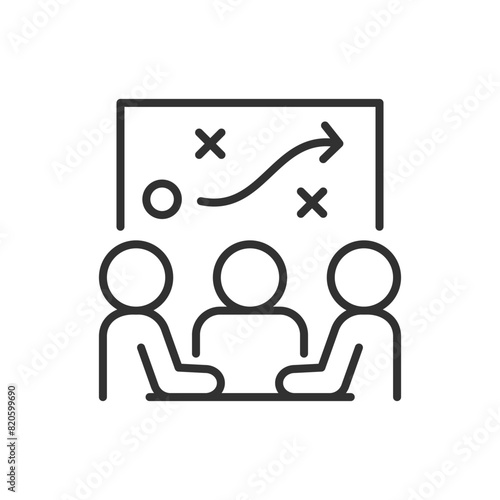 Strategic planning, linear icon. Discussing a plan of action. Meeting of people, discussing the plan. Line with editable stroke