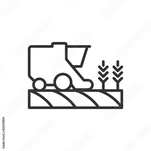 Harvesting, linear icon. Combine in the field harvesting wheat. Line with editable stroke