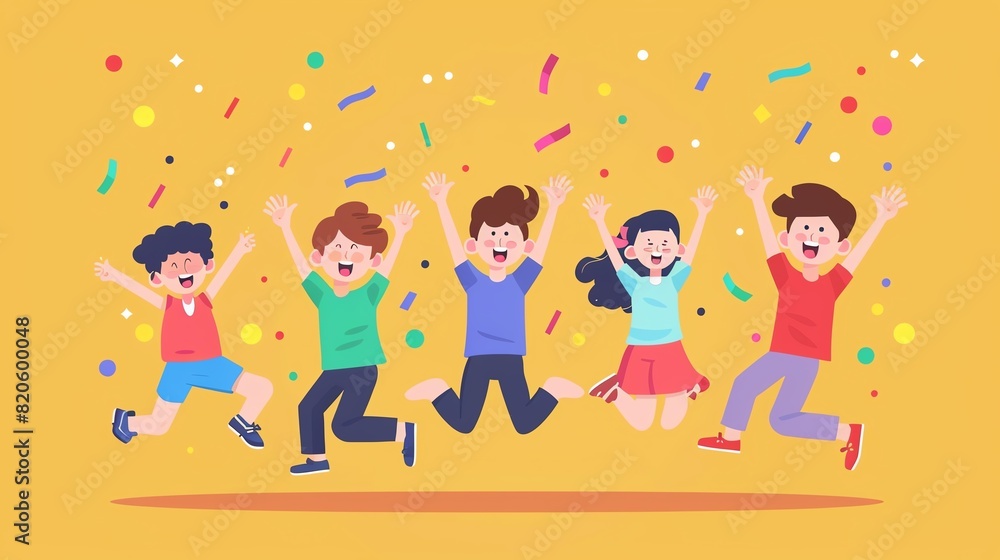 A group of children are jumping in the air while celebrating. They are all smiling and look happy. A group of children are jumping in the air while celebrating. They are all smiling and look happy.