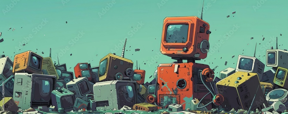 A dystopian wasteland where abandoned androids lie rusting amidst piles of discarded technology, silent witnesses to humanity's folly. illustration. A dystopian wasteland where abandoned androids lie rusting amidst piles of discarded technology, silent witnesses to humanity's folly. illustration.