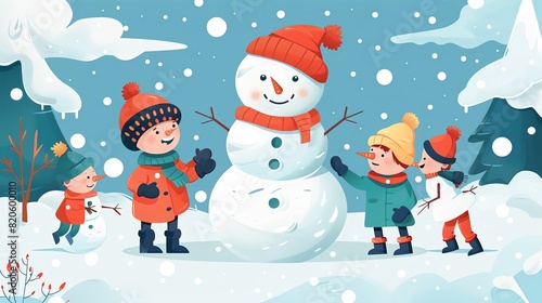 A group of children are building a snowman in a snowy forest
