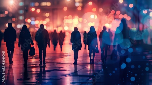 Silhouette of a group of people walking in the city at night