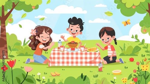 Three happy children are having a picnic in the park