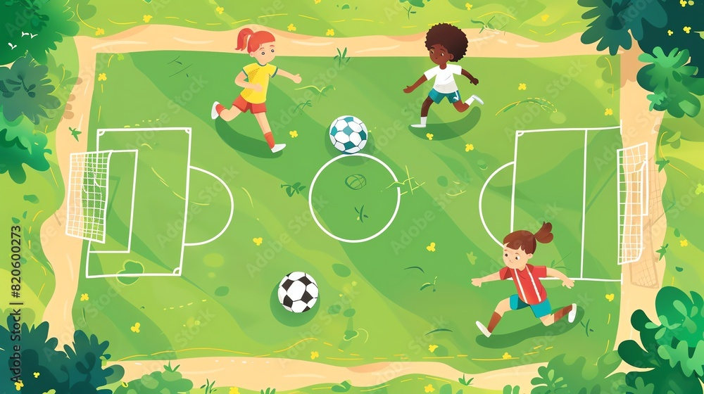 Obraz premium Three children are playing soccer on a field
