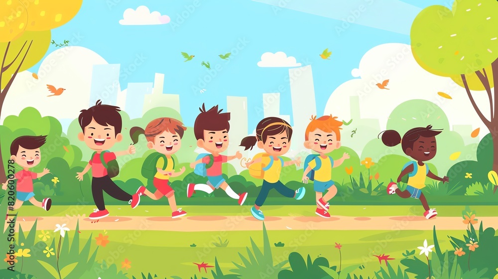 A group of diverse children are running happily along a park A group of diverse children are running happily along a park