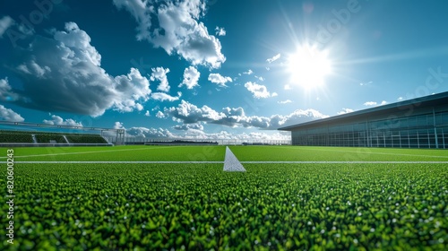 sky blue day sunny stadium pitch football grassy game sport green background nobody grass sunlight outdoors field nature sunshine natural architecture building cloud outside soccer daylight arena da photo
