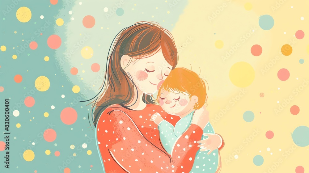 Mother holding baby flat design top view parenting theme cartoon drawing colored pastel Mother holding baby flat design top view parenting theme cartoon drawing colored pastel