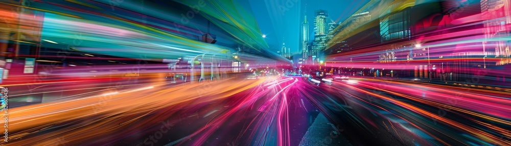 Vibrant urban night cityscape with colorful light trails. Captures motion and energy of city life, perfect for backgrounds and creative projects.