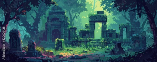 A mystical ruins hidden within a dense forest  with ancient stone temples and moss-covered statues revealing the secrets of an ancient civilization.   illustration.