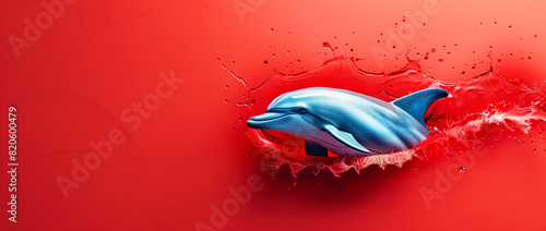 A dolphin jumping out of a red wave with a red background and space for text. Concept: Rescue and environment