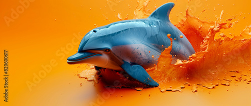 A dolphin jumping out of a orange wave with a orange background and space for text