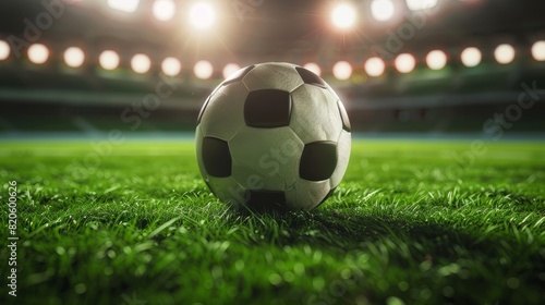 Soccer Ball in a Stadium with Lights. A classic black and white soccer ball on green grass in the center of a stadium, illuminated by spotlights © Business Pics