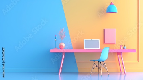 A minimal render of a blue and yellow room. There is a pink desk with a laptop, lamp, vase, and picture frame on it. There is a blue chair behind the desk. The floor is white.