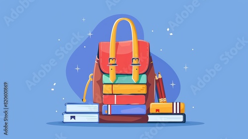 A backpack full of books and pencils. The bag is red and brown. The books are blue  green  yellow  and orange. The pencils are yellow and black.