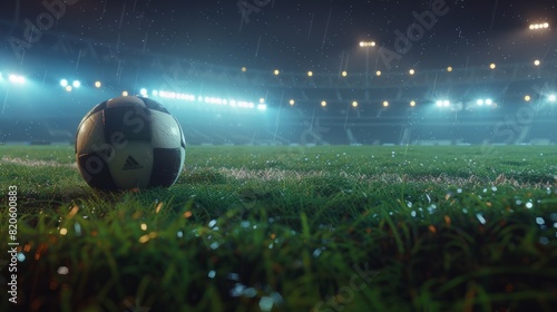 Soccer ball on the field of stadium at night. Mixed media