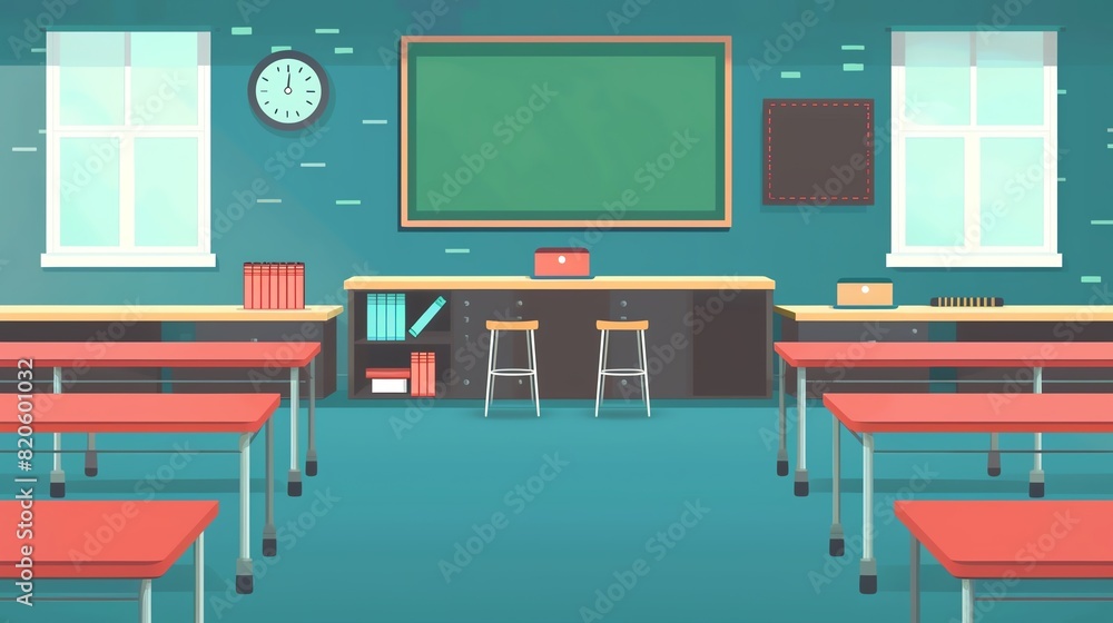 Create a detailed illustration of a classroom. Include a chalkboard, kitaabeN, desks, and chairs. The desks should be arranged in rows facing the chalkboard. Create a detailed illustration of a classroom. Include a chalkboard, kitaabeN, desks, and chairs. The desks should be arranged in rows facing the chalkboard.