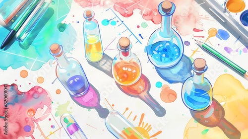A colorful watercolor painting of a messy science table. There are beakers, pencils, and paintbrushes scattered across the table. The beakers are filled with colorful liquids.