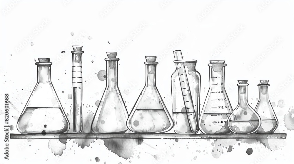 Black and white watercolor painting of various laboratory glassware ...
