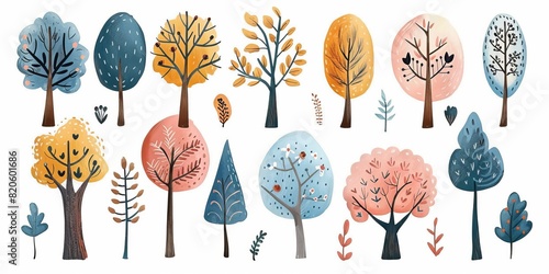 Doodle childrens trees. Primitive forest plants, childish simple woods with shrubs in naive style. illustration photo