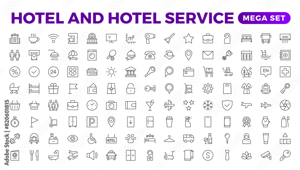 Hotel icons set. Rental property icons. Set of apartment reservation, hotel booking, five-star hotel, service line vector web icon.Hotel universal set with Building, Parking, Meal, Air conditioner. Hotel icons set. Rental property icons. Set of apartment reservation, hotel booking, five-star hotel, service line vector web icon.Hotel universal set with Building, Parking, Meal, Air conditioner.