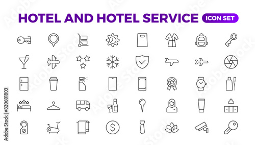 Hotel icons set. Rental property  icons. Set of apartment reservation, hotel booking, five-star hotel, service line vector web icon.Hotel universal set with Building, Parking,  Meal, Air conditioner.