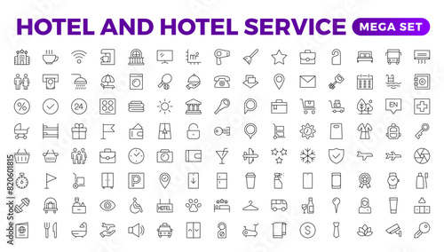 Hotel icons set. Rental property  icons. Set of apartment reservation, hotel booking, five-star hotel, service line vector web icon.Hotel universal set with Building, Parking,  Meal, Air conditioner.