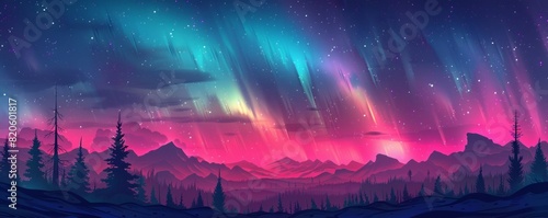A celestial dreamscape where cosmic rays illuminate the night sky  creating mesmerizing auroras and celestial phenomena.   illustration.