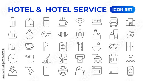 Hotel icons set. Rental property  icons. Set of apartment reservation, hotel booking, five-star hotel, service line vector web icon.Hotel universal set with Building, Parking,  Meal, Air conditioner.