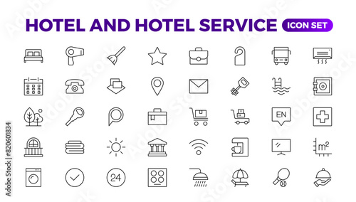 Hotel icons set. Rental property  icons. Set of apartment reservation, hotel booking, five-star hotel, service line vector web icon.Hotel universal set with Building, Parking,  Meal, Air conditioner.