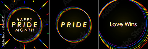 Happy Pride Month Card Posters in neon glowing lights design. Electric LED Concept for June Pride Month, glowing lines in LGBTQIA Rainbow Flag colors. Love Wins in retro typography. Vector.