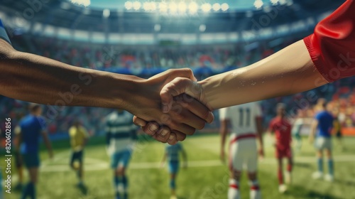 Sportsmanship handshake against the backdrop of a soccer match. Concept of Football World Cup and sports competition between international teams.