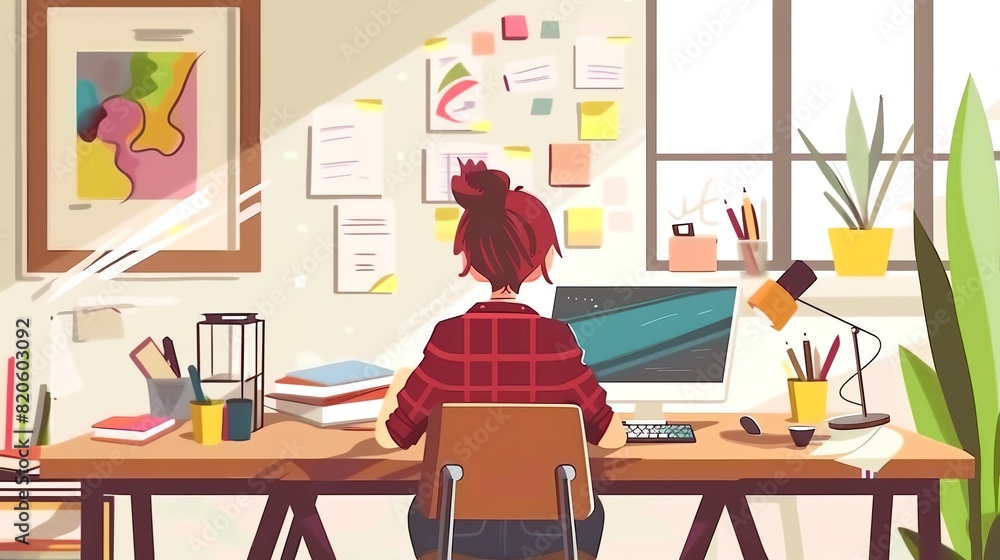 Creative designer working on a concept flat design front view creativity theme animation vivid Creative designer working on a concept flat design front view creativity theme animation vivid