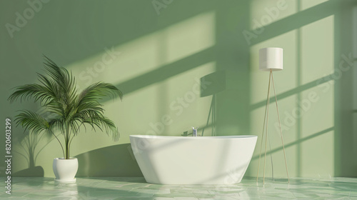 White bathtub houseplant and floor lamp near green wal