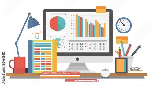 Data management with spreadsheets flat design front view organization theme cartoon drawing analogous color scheme