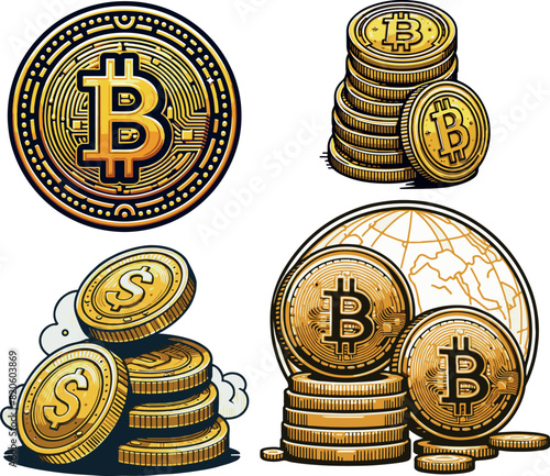 A Treasure Trove of Global Currency: Vector Illustration of Gold Coins