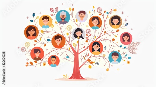 Create a family tree infographic that traces the lineage of a family through four generations
