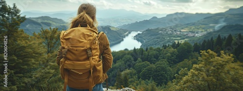 Capturing the essence of exploration and personal growth, a lone adventurer gazes over a breathtaking vista with a backpack in sight.