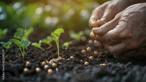 Capturing the essence of renewal and eco-conscious living, a gardener's hands sow seeds in rich soil, embodying growth and sustainability.