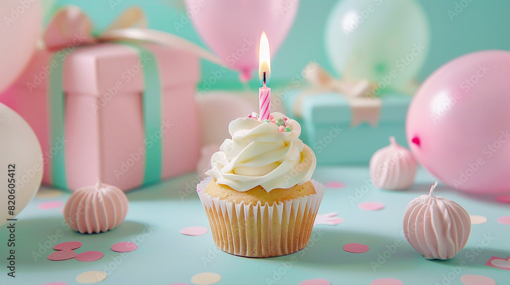 Image of birthday cupcake with lit candle stuck in it.
